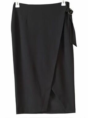 NENE NeNe Leakes Black Crepe Jersey Wrap Pencil Skirt D-Ring Size 6